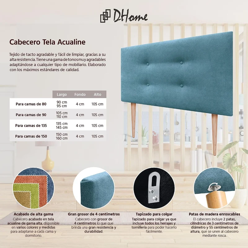DHOME Kunstleder oder Stoff Kopfteil AQUALINE Pro mit 2 Reihen von Knöpfen gepolstertes Kopfteil Lux