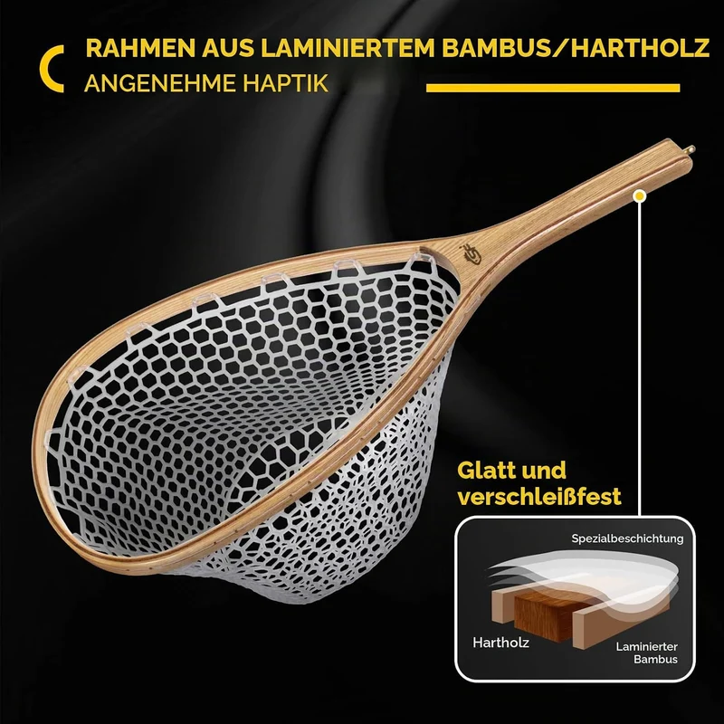 SF Fliegenfischer Kescher Weicher Gummi Holzrahmen Kleinlochnetz Forellenfischernetz Fangen und Frei