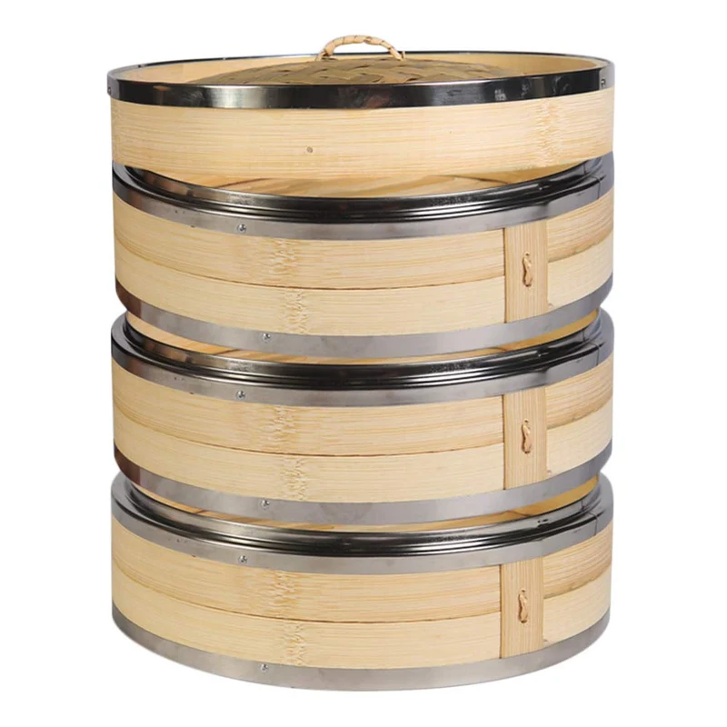 Hcooker 27cm Bambusdämpfer, 3 Etagen Küche Bambus Dampfgarer mit Verstärktem Rand aus Edelstahl, mit