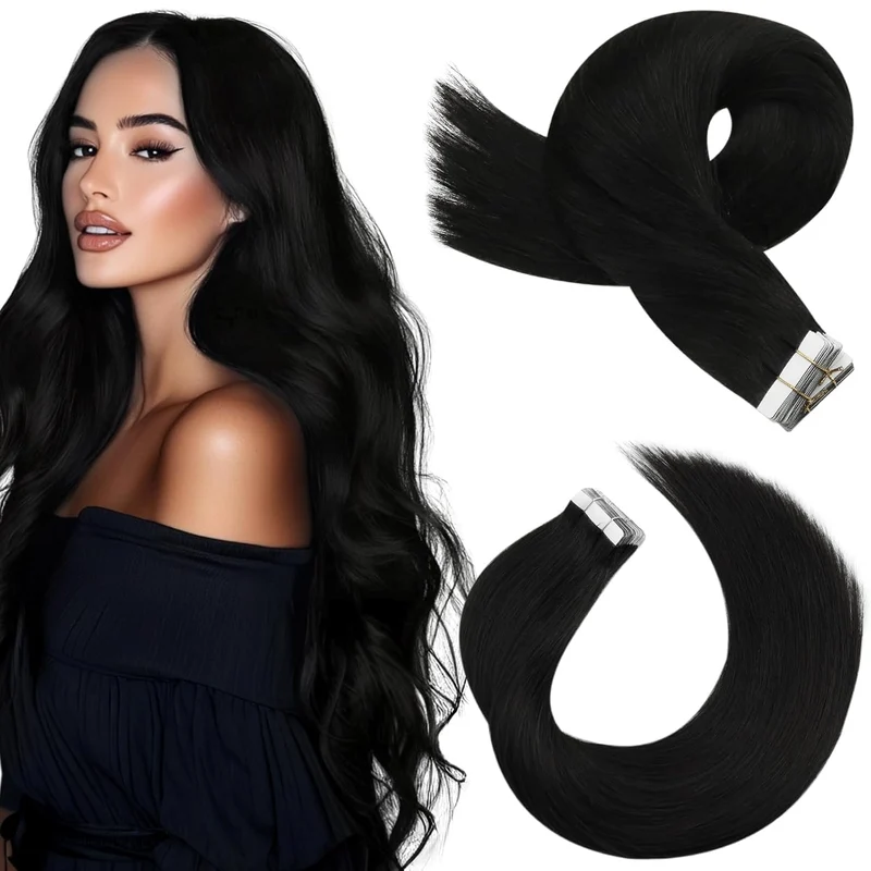 Moresoo Tape Extensions Echthaar Schwarz Echt HaarExtension Tape 100% Remy Tape in Haarverlängerung