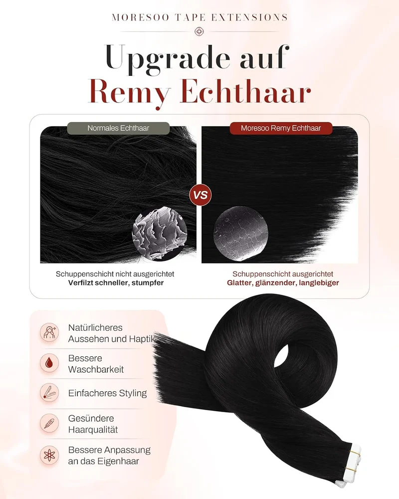 Moresoo Tape Extensions Echthaar Schwarz Echt HaarExtension Tape 100% Remy Tape in Haarverlängerung