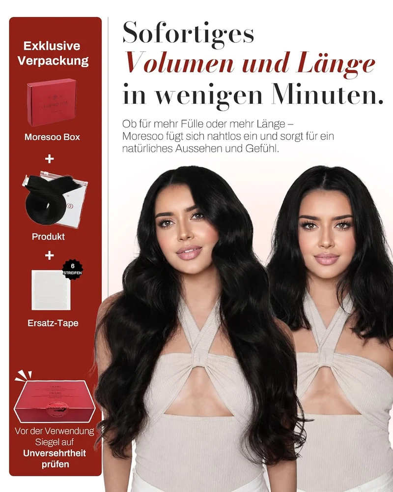 Moresoo Tape Extensions Echthaar Schwarz Echt HaarExtension Tape 100% Remy Tape in Haarverlängerung
