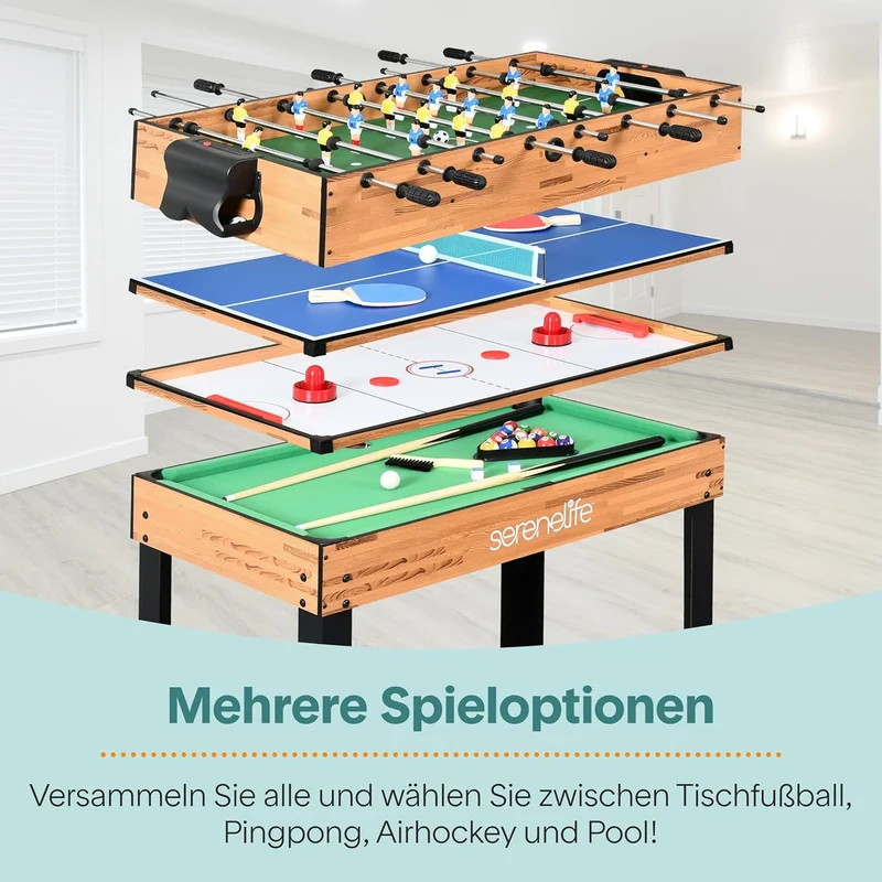 SereneLife Multifunktionstisch, Multigame Spieltisch – 4 in 1 mit Zubehör, Tischkicker, Billardtisch