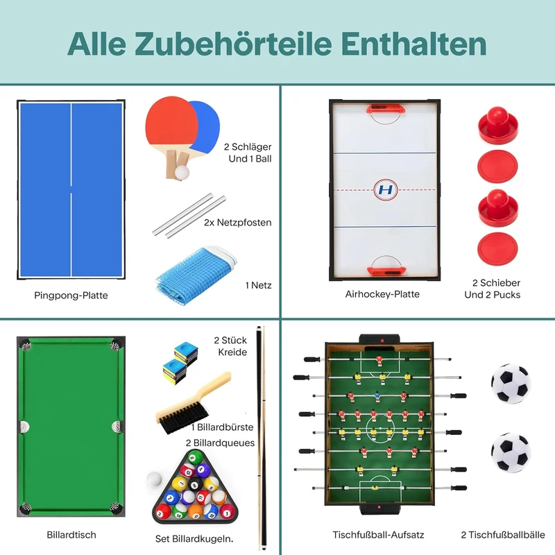SereneLife Multifunktionstisch, Multigame Spieltisch – 4 in 1 mit Zubehör, Tischkicker, Billardtisch