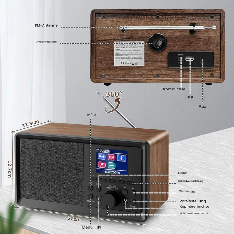 Sentasi DAB Radio/DAB+ mit Bluetooth 5.0 FM-Digitalradio Nostalgieradios Tragbarer Holz Retro Radio