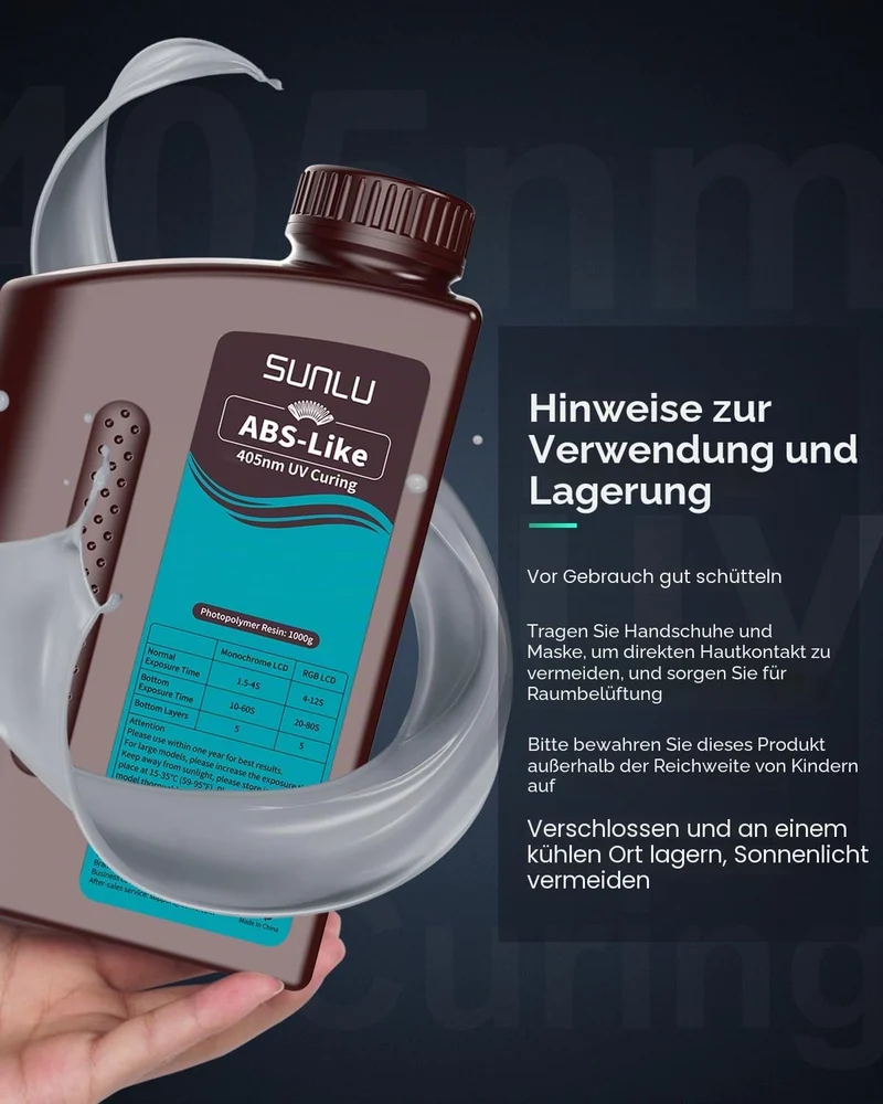 SUNLU ABS-Like 3D Drucker Resin 2KG, 405nm UV-härtendes Standard Photopolymer Schnellharz für den LC
