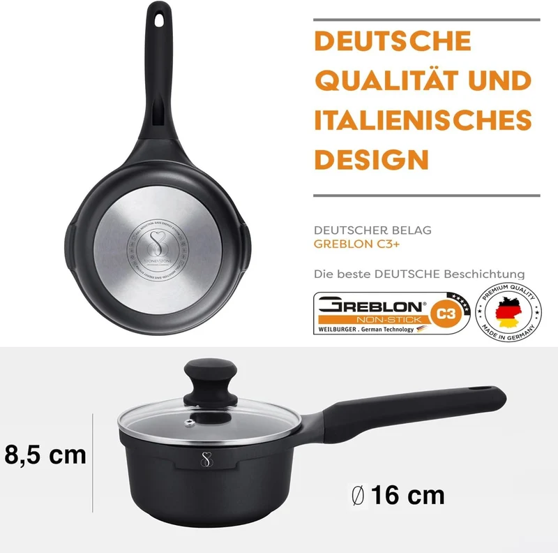Stone&Stone Milchtopf 16 cm, Induktion, Aluminium, Stahl und Stein, professionell, extrem antihaftbe
