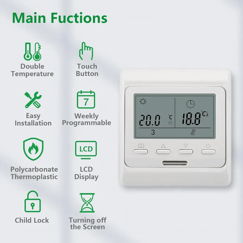 Wengart Innenthermostat WG806,AC230V Wochenprogrammierung,6 Zeiträume,Ausgang 3A,LCD-Digitalanzeige,