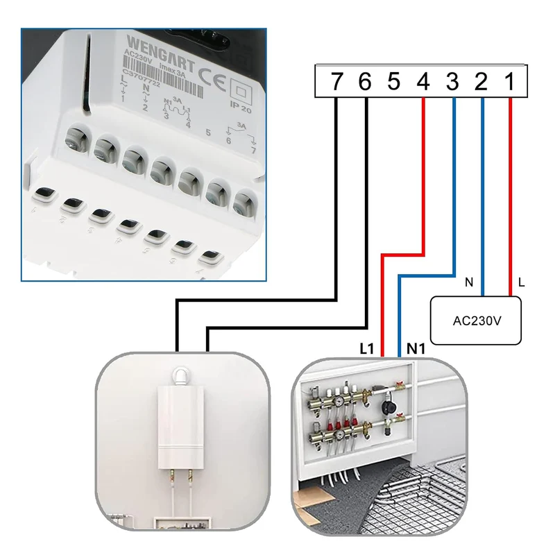 Wengart Innenthermostat WG806,AC230V Wochenprogrammierung,6 Zeiträume,Ausgang 3A,LCD-Digitalanzeige,