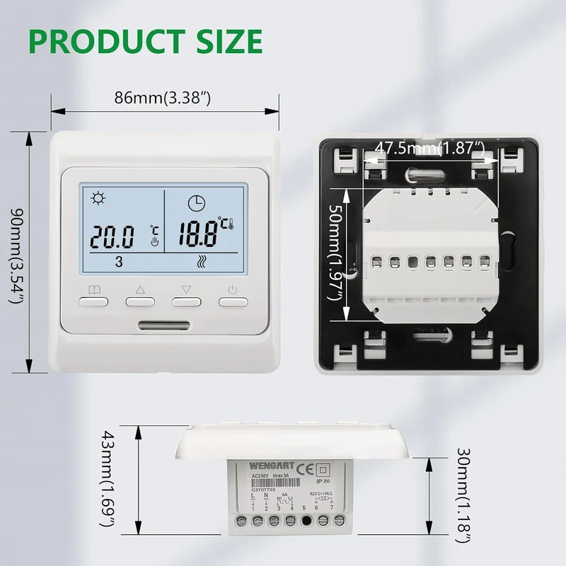 Wengart Innenthermostat WG806,AC230V Wochenprogrammierung,6 Zeiträume,Ausgang 3A,LCD-Digitalanzeige,