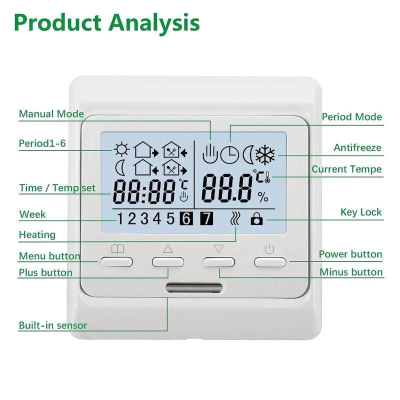 Wengart Innenthermostat WG806,AC230V Wochenprogrammierung,6 Zeiträume,Ausgang 3A,LCD-Digitalanzeige,