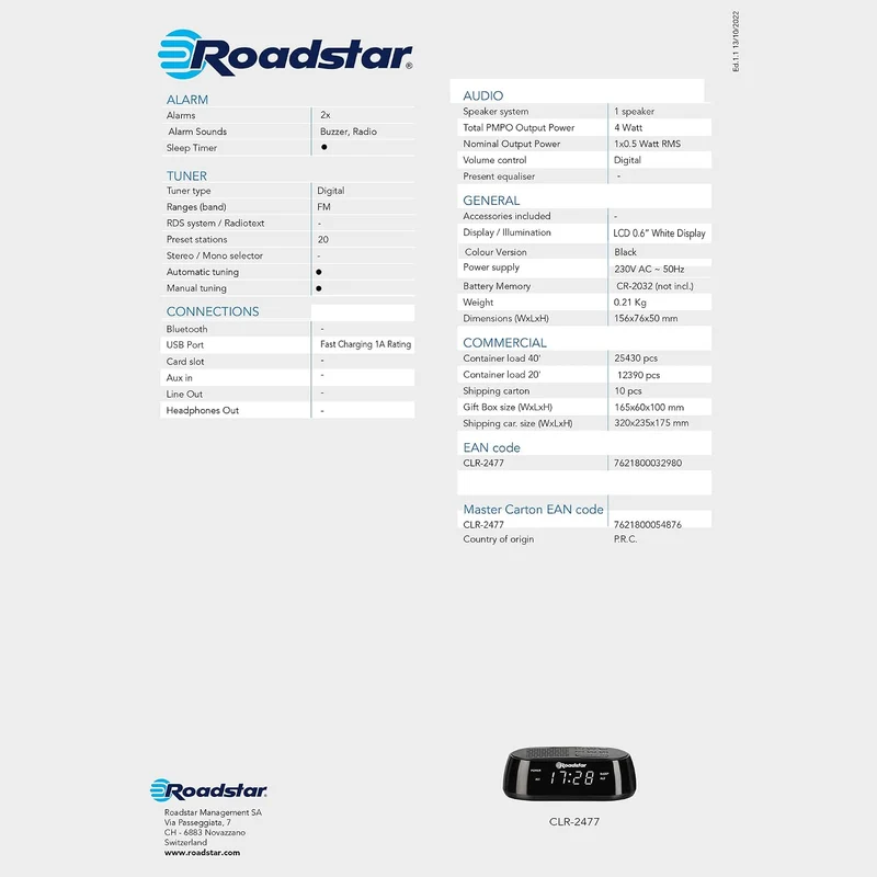 Roadstar CLR-2477 Radiowecker, Digitaler Radio PLL-FM, Zwei Weckzeiten und Schlaf Timer, USB-Anschlu