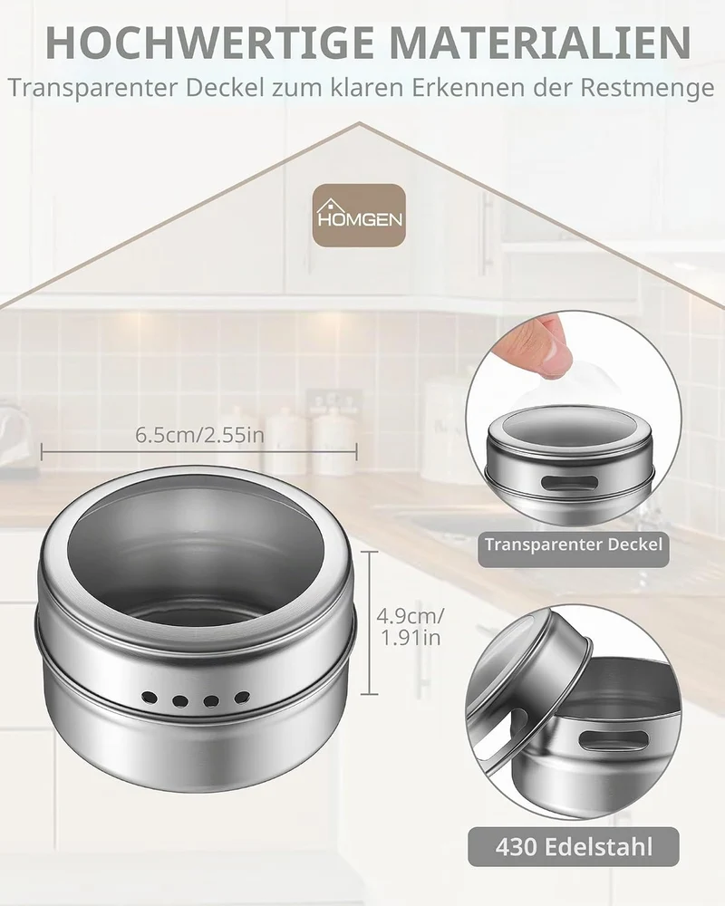 HOMGEN Gewürzdosen Magnetisch 8 Stück Edelstahl Gewürzgläser Set Magnet 100ml Gewürze Spice Jars Mag