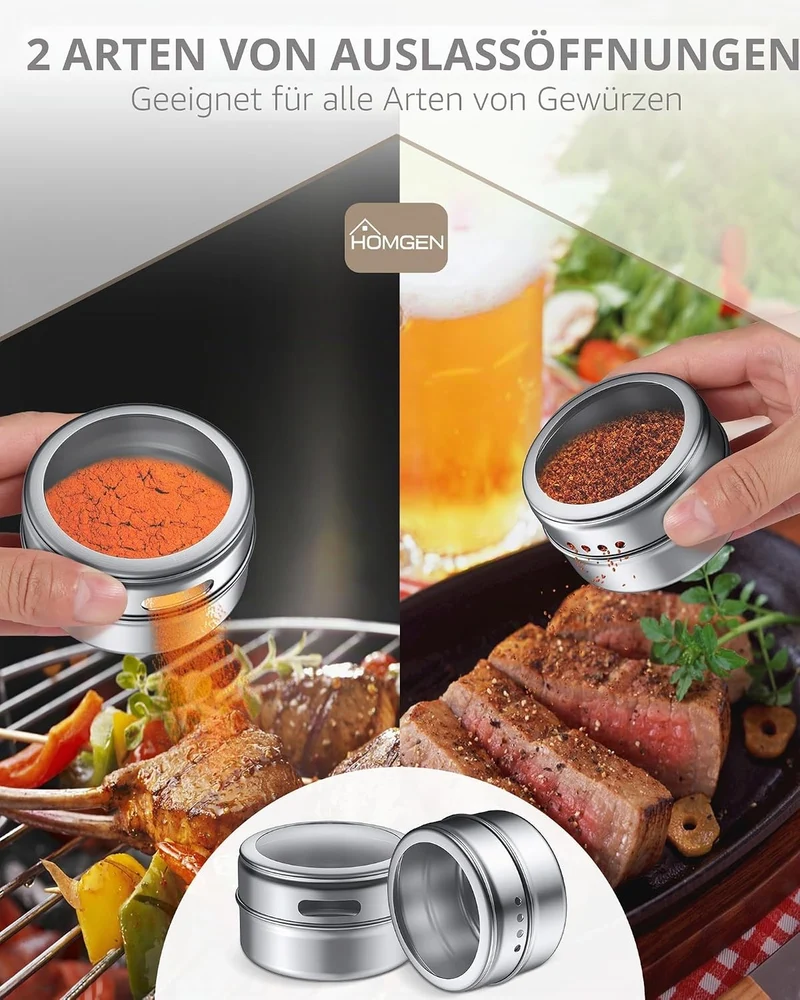 HOMGEN Gewürzdosen Magnetisch 8 Stück Edelstahl Gewürzgläser Set Magnet 100ml Gewürze Spice Jars Mag