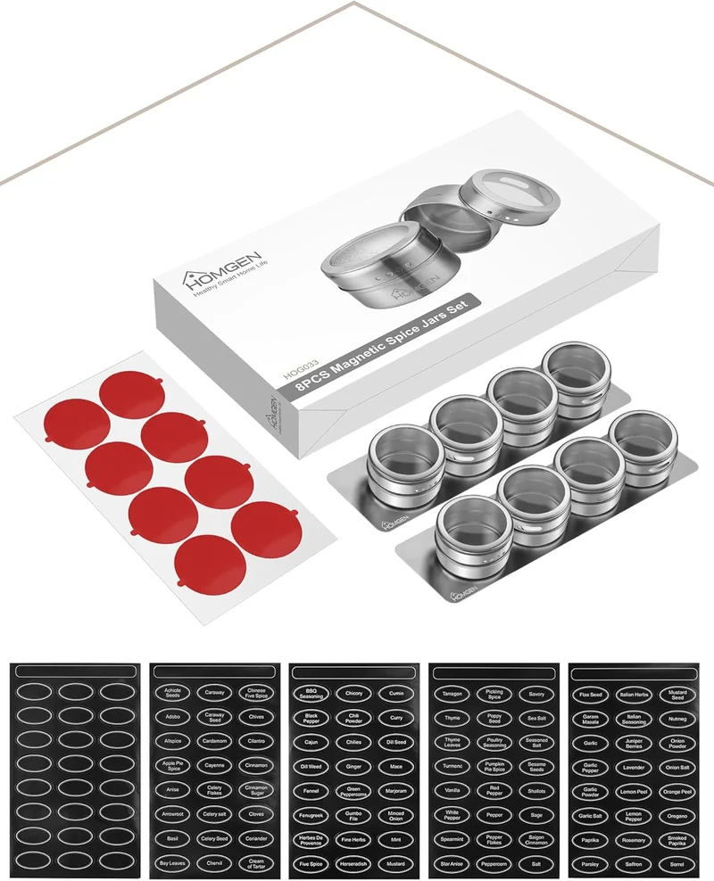 HOMGEN Gewürzdosen Magnetisch 8 Stück Edelstahl Gewürzgläser Set Magnet 100ml Gewürze Spice Jars Mag