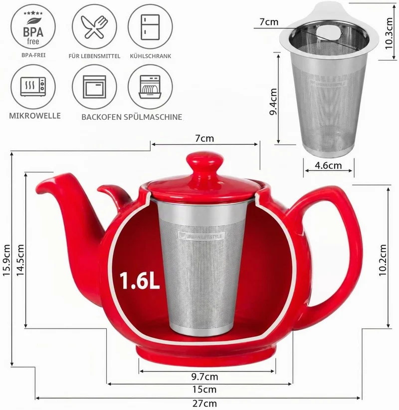 Teekanne mit Stövchen Keramik 1,6 L (Rot) Teekanne mit Edelstahl Sieb aus Keramik, Teekanne Liverpoo
