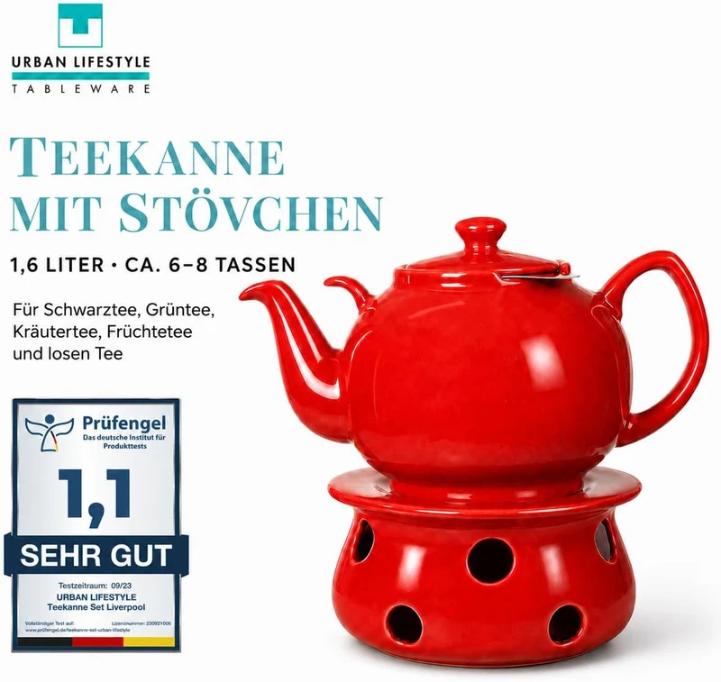 Teekanne mit Stövchen Keramik 1,6 L (Rot) Teekanne mit Edelstahl Sieb aus Keramik, Teekanne Liverpoo