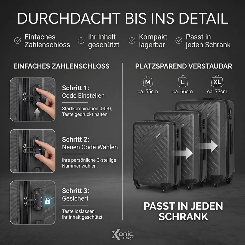 Xonic Design Reisekoffer - Hartschalen-Koffer mit 360° Leichtlauf-Rollen - hochwertiger Trolley mit