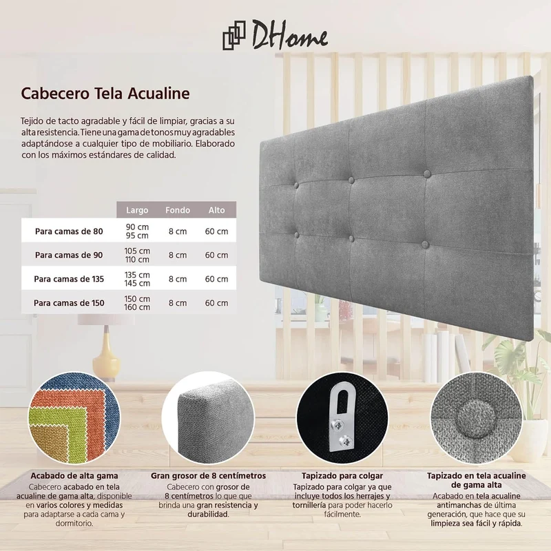 DHOME Kopfteil, gepolstertes Bett Kopfteil 8cm dick. Gepolstertes Kopfteil ACUALINE Stoff und Kunstl