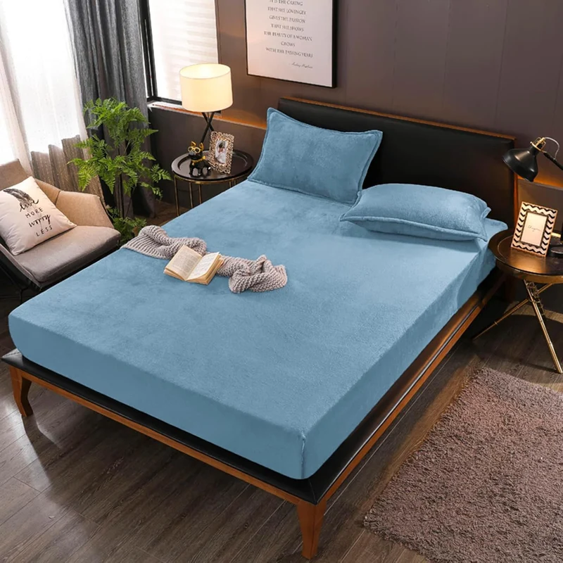 Boqingzhu Flauschige Plüsch Spannbettlaken 140x200cm Blau Hellblau Winter Warm Flanell Fleece Biber