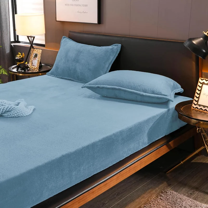 Boqingzhu Flauschige Plüsch Spannbettlaken 140x200cm Blau Hellblau Winter Warm Flanell Fleece Biber