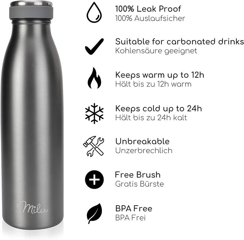 Milu Edelstahl Trinkflasche 350ml 500ml 750ml 1L 1,5L Thermosflasche, Isolierte Wasserflasche, Ausla