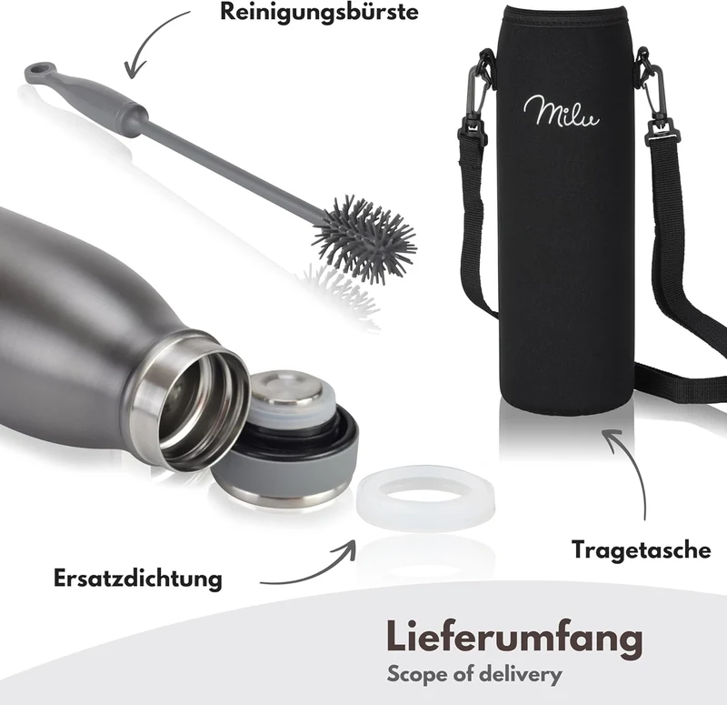 Milu Edelstahl Trinkflasche 350ml 500ml 750ml 1L 1,5L Thermosflasche, Isolierte Wasserflasche, Ausla