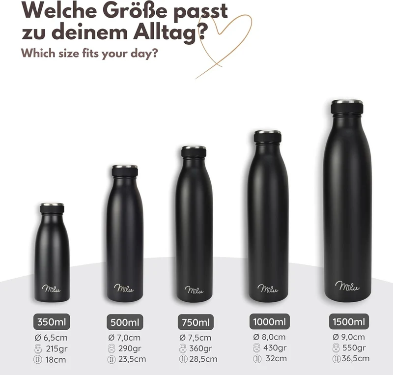 Milu Edelstahl Trinkflasche 350ml 500ml 750ml 1L 1,5L Thermosflasche, Isolierte Wasserflasche, Ausla
