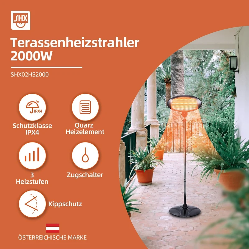 SHX Heizstrahler auf Standfuss 2000W SHX02HS2000, Freiflächenheizung, Terassenheizung, 3 Heizstufen,