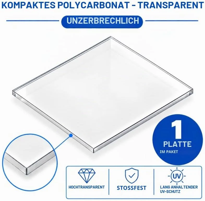 Ezooza Kompakte Platte aus Polycarbonat, 3 mm, transparent, 1000 x 1000 mm, gegen UV-Strahlen