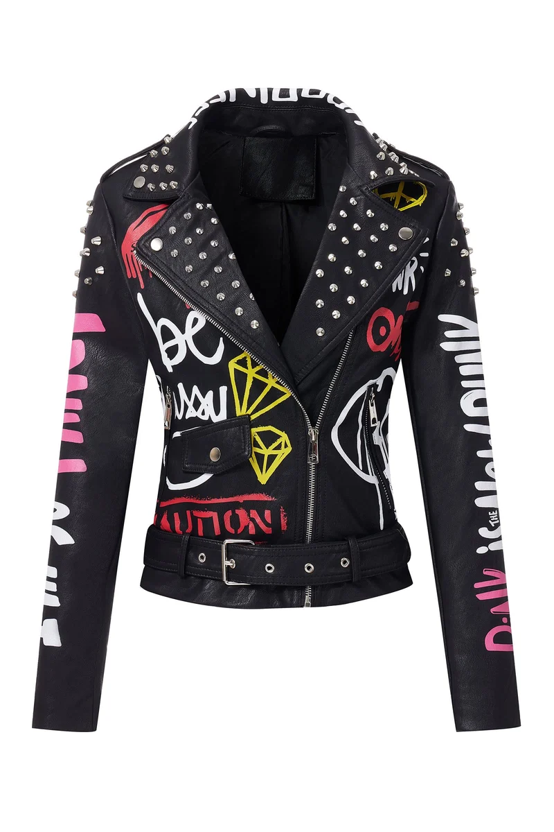 Giolshon Damen Kunstleder Jacke Nieten Floral Moto Biker Kurzer Revers Mantel M Schwarz, M Schwarz