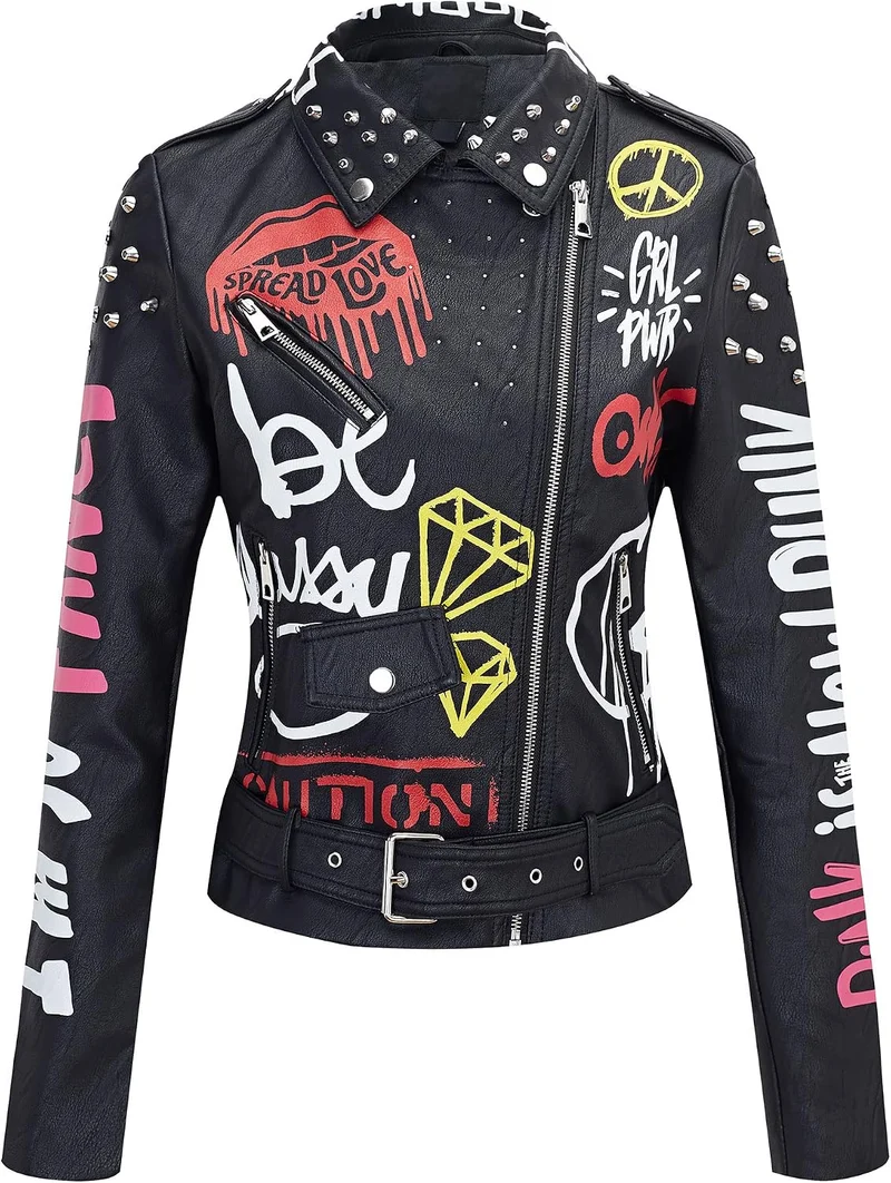 Giolshon Damen Kunstleder Jacke Nieten Floral Moto Biker Kurzer Revers Mantel M Schwarz, M Schwarz
