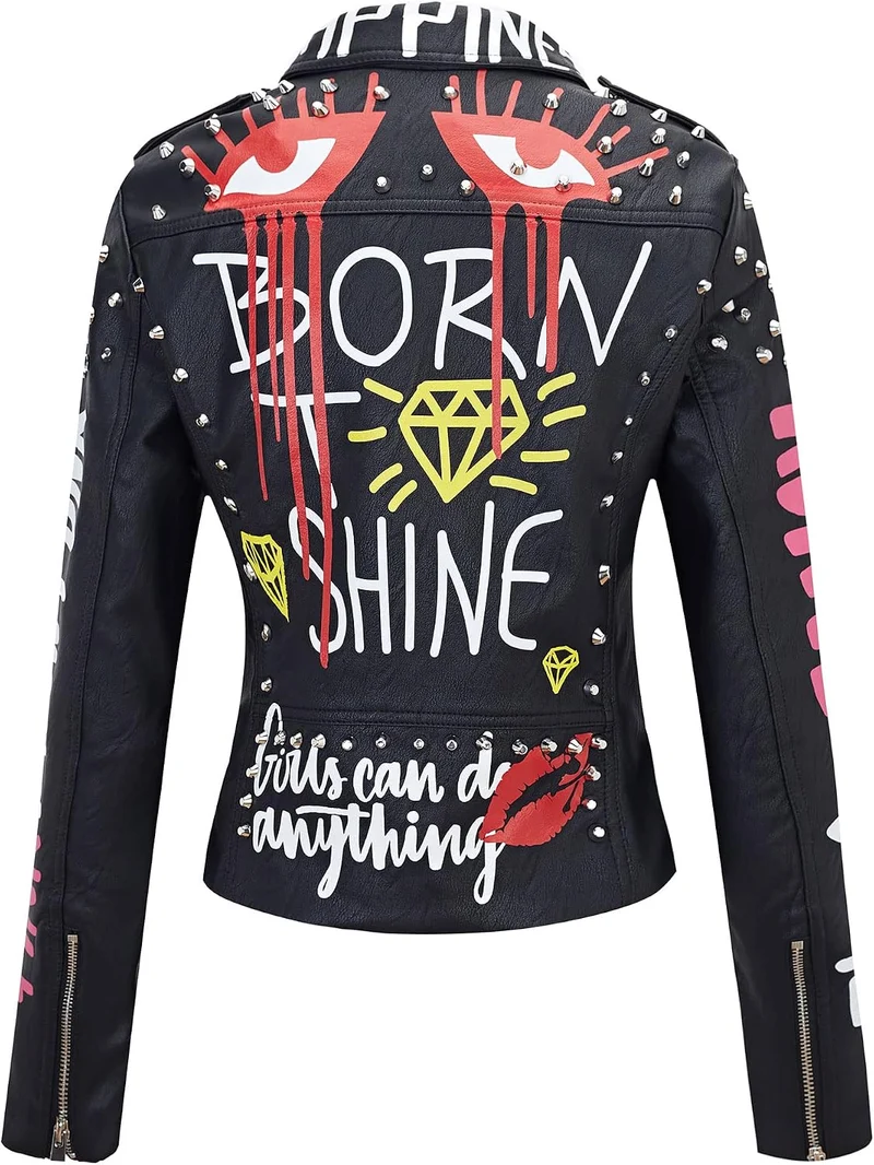 Giolshon Damen Kunstleder Jacke Nieten Floral Moto Biker Kurzer Revers Mantel M Schwarz, M Schwarz