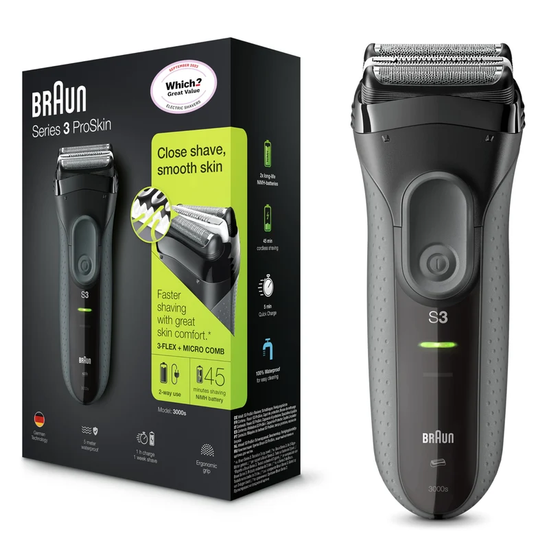 Braun Series 3 ProSkin 3000s wiederaufladbarer Elektrorasierer Wet & Dry für Männer Trockenrasierer