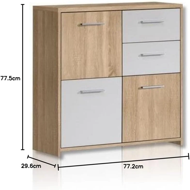 FORTE Quadro Kommode mit 3 Türen und 2 Schubladen, Holzwerkstoff, Sonoma Eiche / Weiss, 77.2 x 29.6
