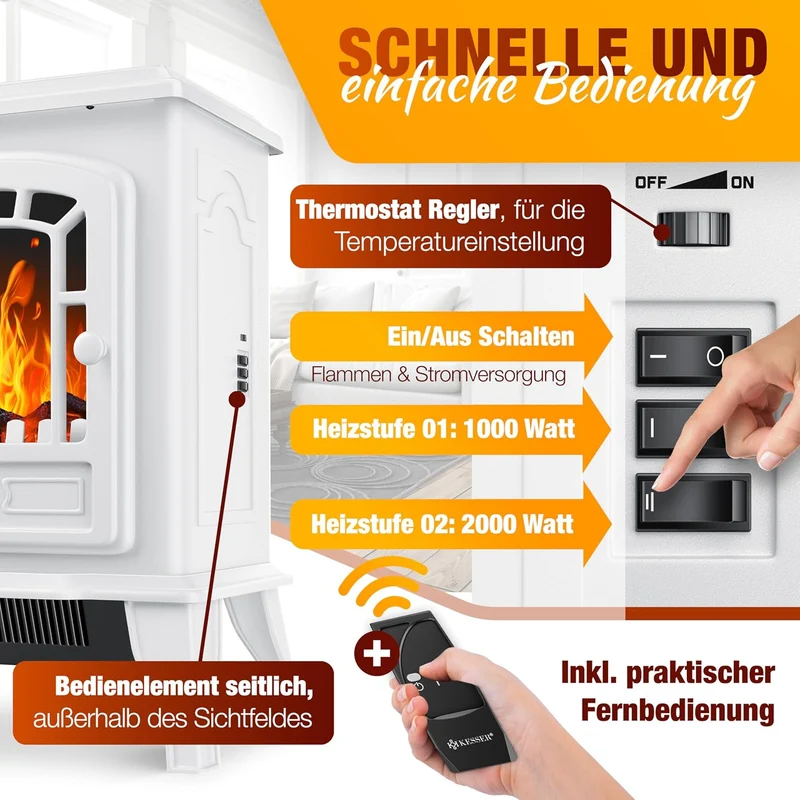 KESSER® Elektrokamin mit Heizlüfter & Fernbedienung 2000W Elektro Kamin Elektrischer Heizung LED Kam