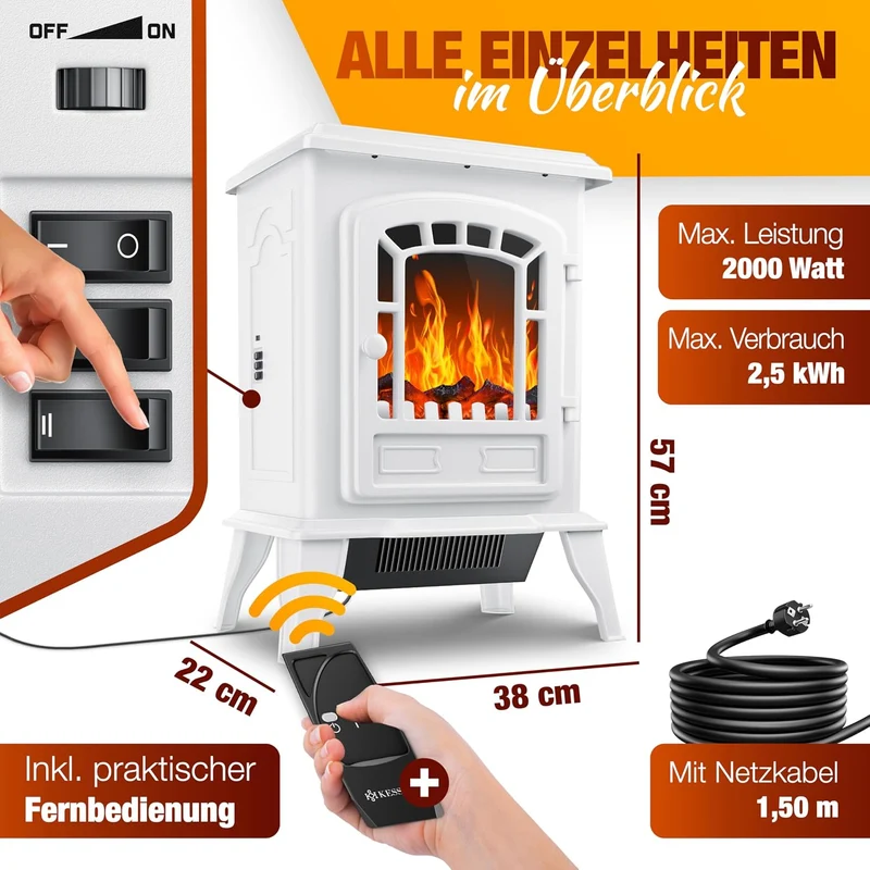 KESSER® Elektrokamin mit Heizlüfter & Fernbedienung 2000W Elektro Kamin Elektrischer Heizung LED Kam