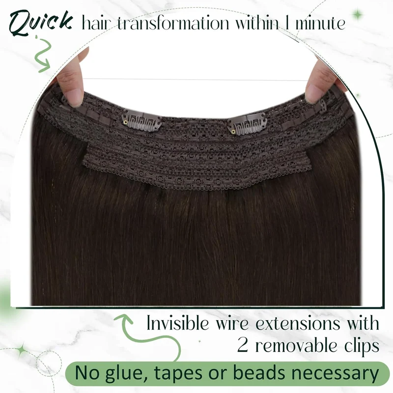 RUNATURE Remy Haarverlangerung mit Draht Extensions Echthaar mit Draht Hair Farbe Dunkelbraun 16 Zol