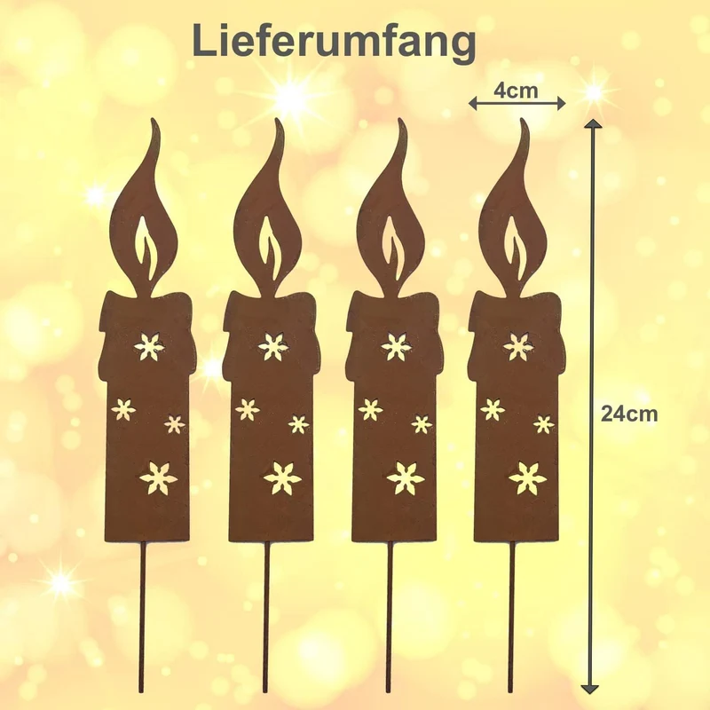 KRONLY 4 Stück Gartenstecker Kerze 24cm Roststecker Weihnachten Advent wetterfest Gartendeko Outdoor