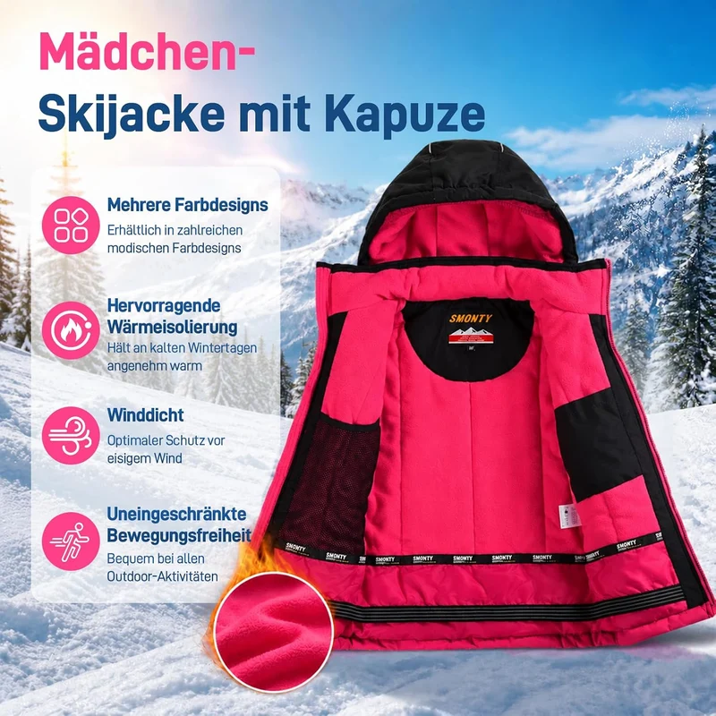 SMONTY Mädchen Skijacke, wasserdicht, warm, mit Kapuze, Schnee-Wintermantel für Kinder 116-122 Rosa,