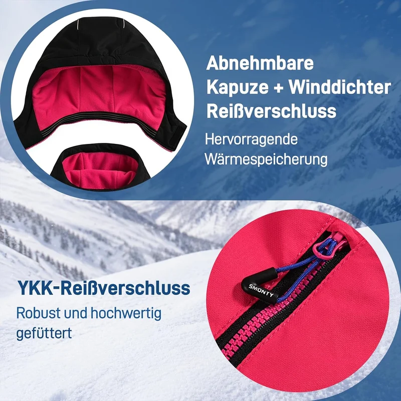 SMONTY Mädchen Skijacke, wasserdicht, warm, mit Kapuze, Schnee-Wintermantel für Kinder 116-122 Rosa,