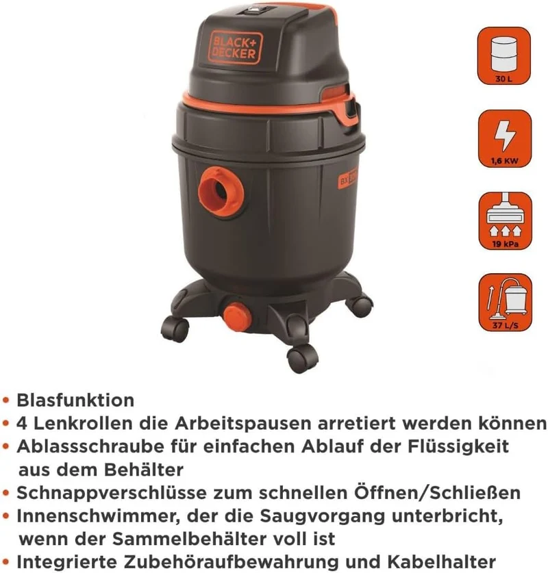 BLACK+DECKER Nass und Trockensauger BXVC30PDE mit Integrierte Steckdose für Elektrowerkzeug (1600 W,