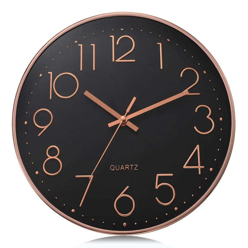 Lafocuse Schwarz Modern Wanduhr Lautlos 30cm, 3D Ziffern Rosegold Ohne Tickgeräusche, Quartz Wanduhr