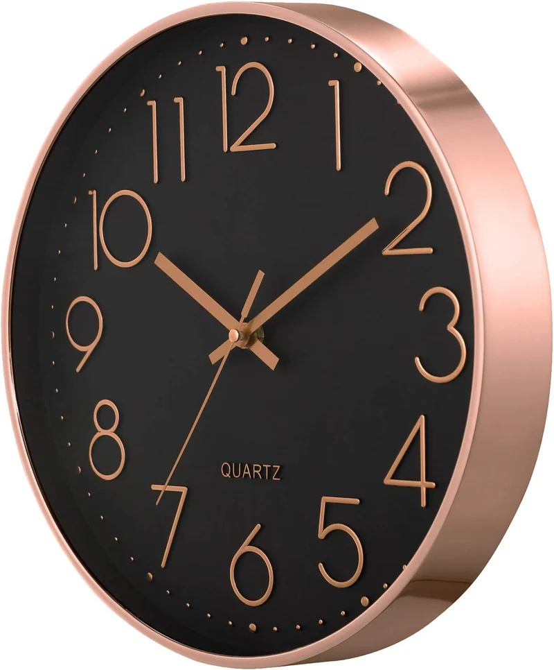 Lafocuse Schwarz Modern Wanduhr Lautlos 30cm, 3D Ziffern Rosegold Ohne Tickgeräusche, Quartz Wanduhr