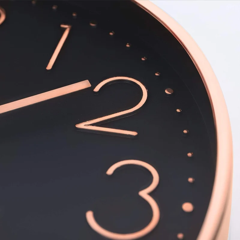 Lafocuse Schwarz Modern Wanduhr Lautlos 30cm, 3D Ziffern Rosegold Ohne Tickgeräusche, Quartz Wanduhr