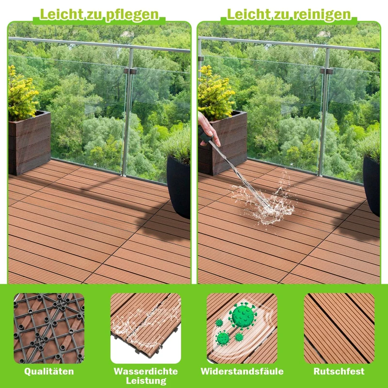 Ansobea WPC Terrassenfliesen Fliesen, 30x60 Holzfliesen 12er Set für 2m²,Balkonfliesen in Holzoptik,