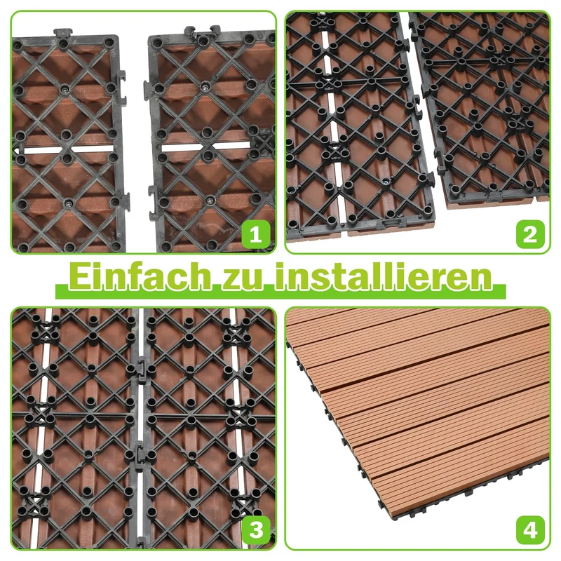 Ansobea WPC Terrassenfliesen Fliesen, 30x60 Holzfliesen 12er Set für 2m²,Balkonfliesen in Holzoptik,