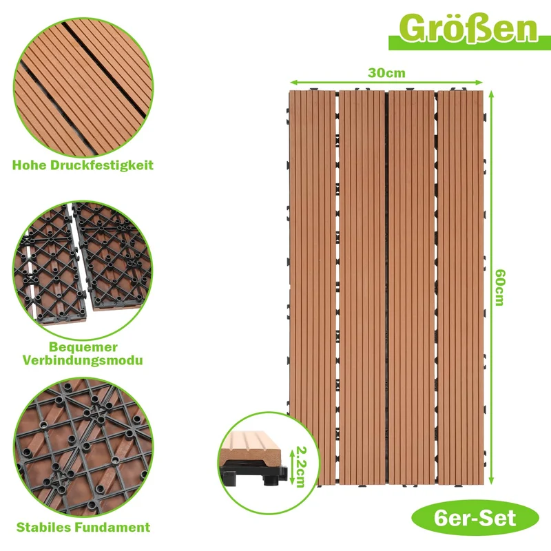 Ansobea WPC Terrassenfliesen Fliesen, 30x60 Holzfliesen 12er Set für 2m²,Balkonfliesen in Holzoptik,