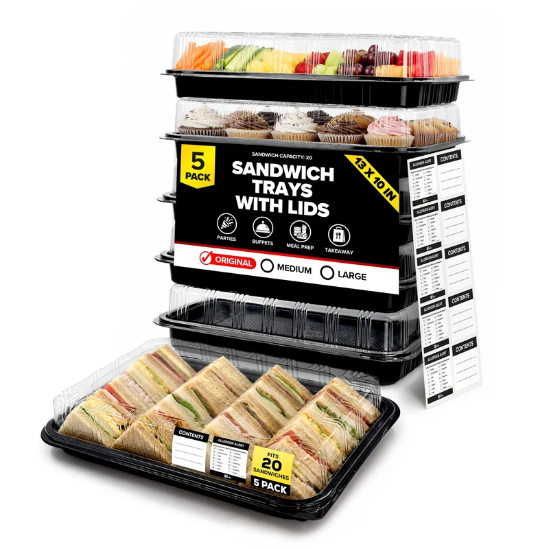 ebake Mehrweg Servierplatte mit Deckel (5 Stk. à 33 x 24 cm) - Meal Prep Boxen/Buffet Platten für Pa