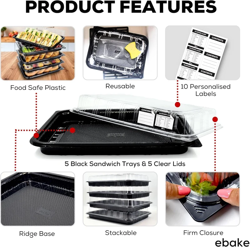ebake Mehrweg Servierplatte mit Deckel (5 Stk. à 33 x 24 cm) - Meal Prep Boxen/Buffet Platten für Pa